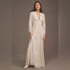 BHLDN Anthropologie Belize Embroidered A-Line Long Sleeve Gown NEW 6 Champagne